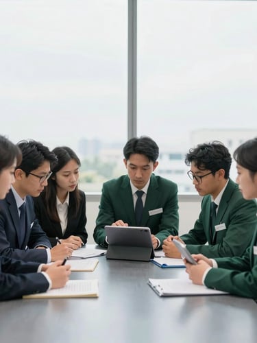 Medium-close shot of diverse professionals collaboratively working on a tablet and documents during a workshop, natural overcast daylight, cool slate and deep emerald tones, wide-angle lens, realistic
