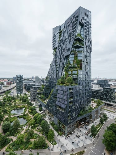 Wide panoramic view of a modern skyscraper integrating green technology, solar panels on the facade, urban park at its base, natural overcast daylight, cool slate and deep emerald tones, wide-angle lens, realistic