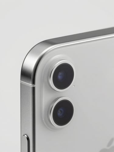 Macro detail shot of a pristine silver iPhone camera lens and matte glass edge, clean studio lighting, soft shadows, neutral gray background