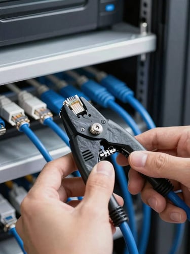 Close-up of hands crimping a blue ethernet cable in a clean, modern server room, high-contrast slate tones, sharp focus, 35mm lens
