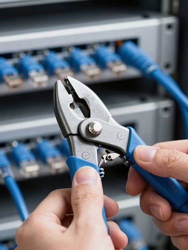 Close up of hands crimping a blue cat6 ethernet cable with professional tools, clean server rack background, cool daylight, sharp focus