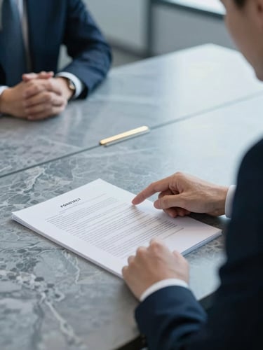 Close-up of a corporate board meeting, a lawyer in a dark suit pointing to a structured contract document on a marble table, cool steel blue tones, shallow depth of field.