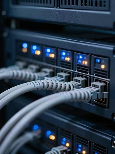 Macro close-up of clean server rack cabling, cool blue and amber indicator lights, sharp focus, 35mm.