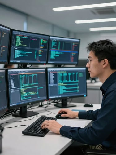 Focused professional analyzing network security data on multiple monitors in a cool-toned corporate operations center, 35mm.