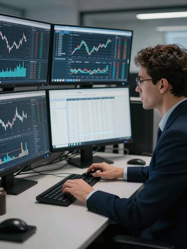 Focused professional analyzing complex financial data on multiple monitors in a cool-toned, structured office environment, 35mm