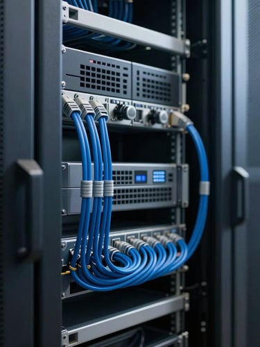 Crisp corporate photography of a modern server room with clean blue cabling, high contrast, sharp focus, 35mm.