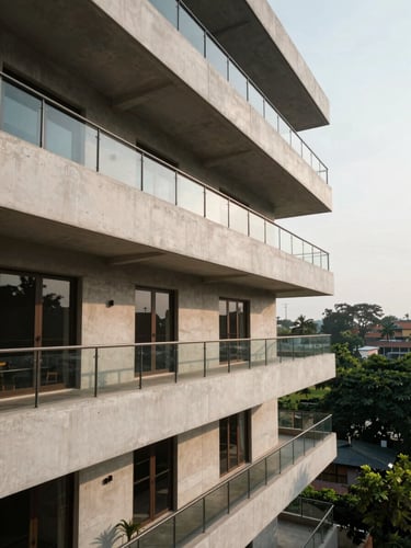 Wide-angle architectural view of a modern apartment balcony in Bangalore, natural afternoon light, clean concrete lines, green treetops in the background.