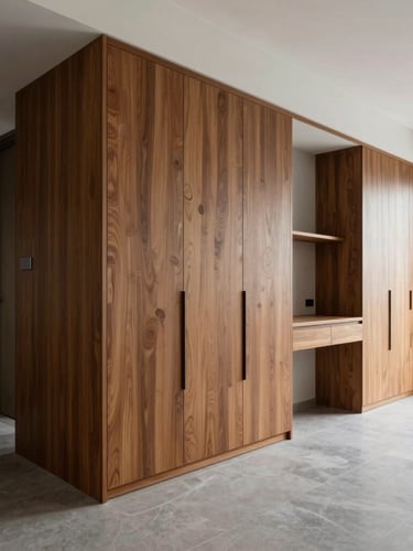 Wide-angle daylight shot of a modern Bangalore apartment living room, featuring clean teak wood cabinetry and minimalist grey slate floor tiles, sharp architectural lines.