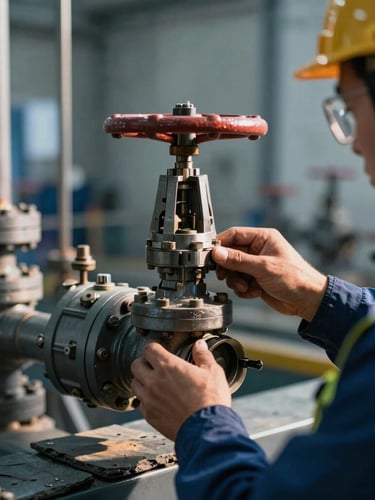 Close-up of a technical operator in safety gear adjusting a high-precision valve at an industrial site, dramatic natural sunlight, cool slate tones
