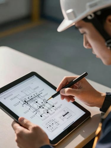 Close-up of an engineer in a safety helmet analyzing technical schematics on a tablet, natural high-contrast industrial light, 35mm lens.