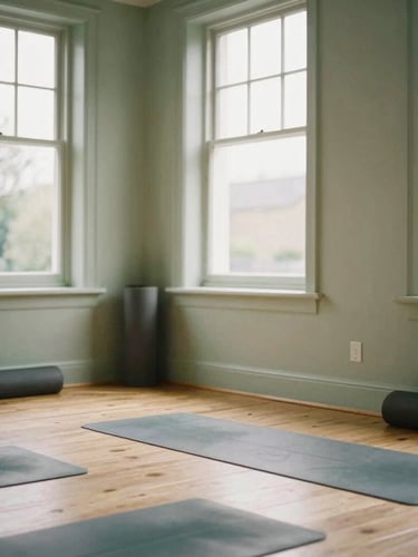 Warm editorial photography of a quiet yoga studio in Ranelagh, soft natural Irish daylight filtering through windows, sage green accents, wooden floors, yoga mats rolled up.