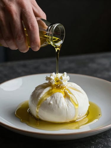 Close-up of hands pouring golden olive oil over a fresh burrata cheese plate, dramatic side lighting, dark moody background emphasizing texture.