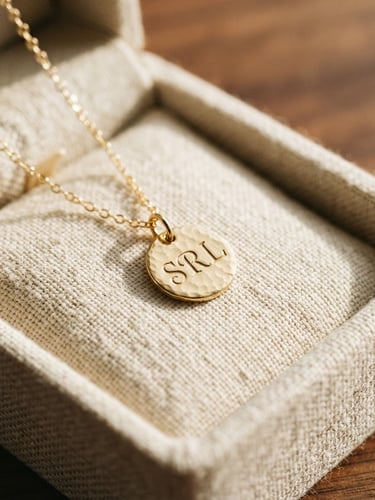 Macro close-up of a delicate gold necklace with a custom engraved initials pendant, resting in a soft linen box under gentle morning sunlight, warm editorial style.