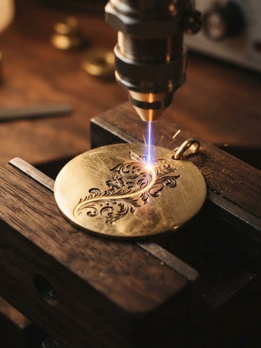 Macro close-up of a delicate gold pendant being precisely engraved by a laser beam, soft side-lighting highlighting the clean metallic texture, warm editorial photography, shallow depth of field