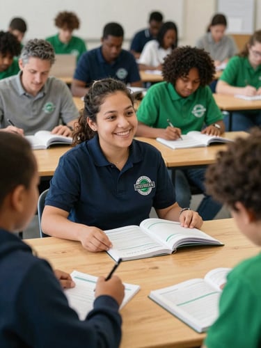 Warm editorial photography of a community workshop in Michigan, natural daylight, diverse families sitting around a wooden table with financial workbooks, rich navy and emerald tones, optimistic mood, shallow depth of field, 35mm.