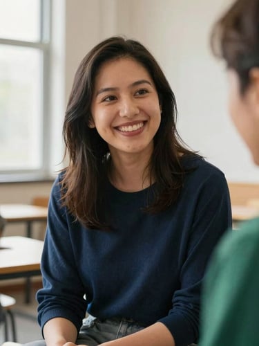 Close-up of a mentoring session in a bright community space, natural window light, warm editorial style, 35mm