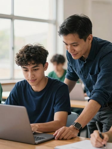 Active community workshop under warm natural window light, a mentor guiding a young adult on a laptop, optimistic atmosphere, shallow depth of field, 35mm