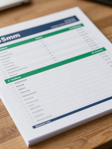 A high-quality close-up of a printed financial workbook on a wooden table, soft morning light, clean editorial layout, 35mm