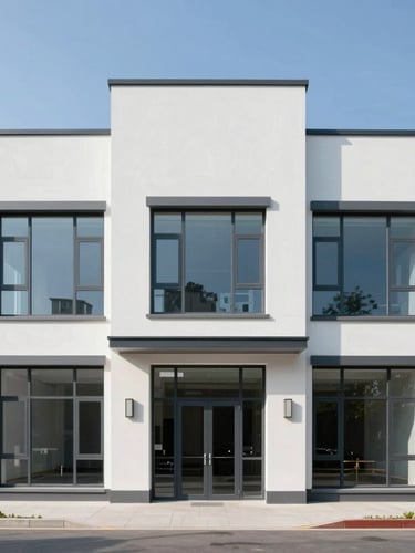 Straight-on architectural shot of a newly completed modern commercial property exterior, bright natural daylight, clean lines, 35mm lens
