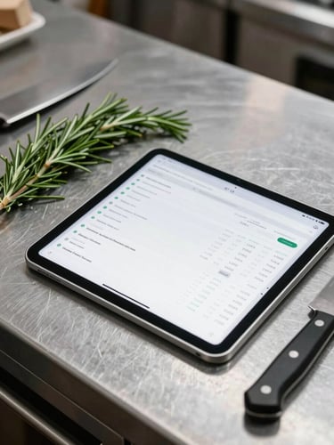 Tablet showing clean financial dashboard next to fresh rosemary and chef knife on stainless steel kitchen counter, crisp daylight