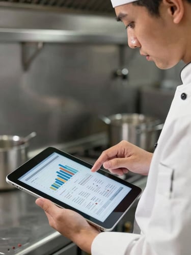 Close-up of a chef in a white uniform analyzing financial reports on a tablet screen, stainless steel kitchen background, crisp natural daylight.