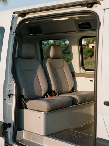 Portrait-oriented shot of a modern, pristine medical transport van's interior, showing comfortable seating and safety features, ready for a patient. Warm California sunlight, shallow depth of field.