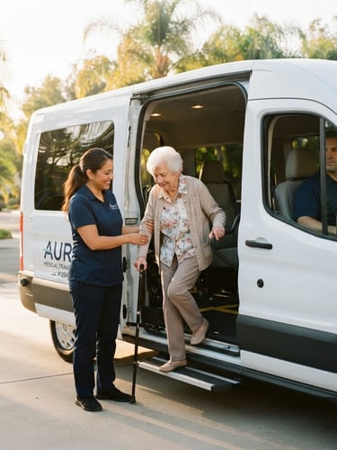 Professional caregiver gently assisting a senior woman into a modern, pristine non-emergency medical transport vehicle, bathed in warm California sunlight, vehicle door open, soft focus on their interaction, driver visible in background.