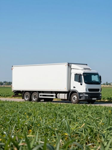 Bright commercial shot of a modern clean white refrigerated freight truck driving past vibrant green agricultural fields under a clear blue sky, sharp depth of field.