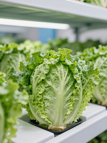 Sharp close-up of fresh green organic lettuce heads in a clean, modern climate-controlled storage facility, bright commercial lighting, crisp details
