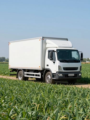 Bright commercial photography of a modern refrigerated transport truck parked beside a vibrant green agricultural field under crisp natural daylight.