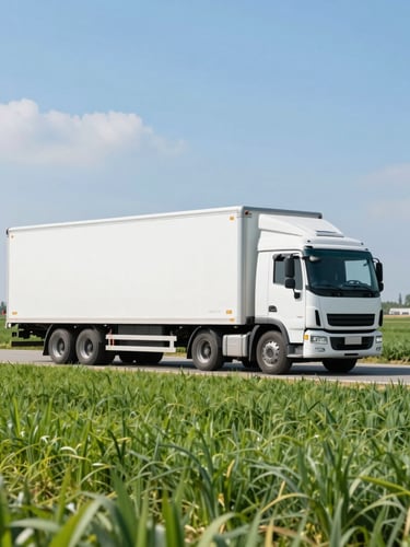 Wide panoramic view of a modern refrigerated logistics truck driving past vibrant green agricultural fields under bright, natural daylight, crisp corporate-fresh aesthetic.