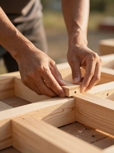 A close-up of hands working together on a wooden community build, warm golden-hour light, shallow depth of field, 35mm