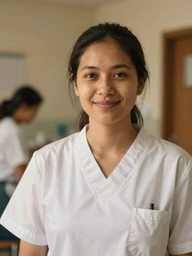 A warm-toned environmental portrait of a community healthcare worker in a soft-lit clinic, smiling gently, 35mm photography, shallow depth of field