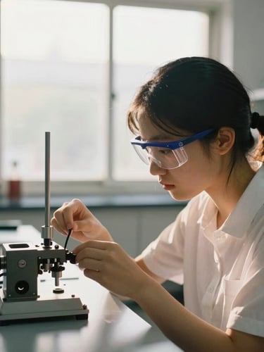 A candid portrait of a female student in safety glasses adjusting a mechanical component in a bright laboratory, soft window daylight, rich organic tones, 35mm.