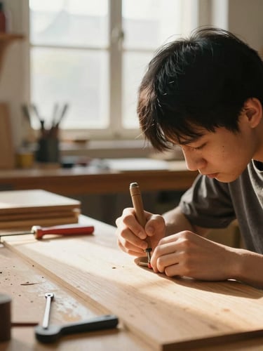 A student in a warm-lit woodshop vocational lab, focusing on hand-tool work, soft window daylight, rich organic tones, shallow depth of field, 35mm.
