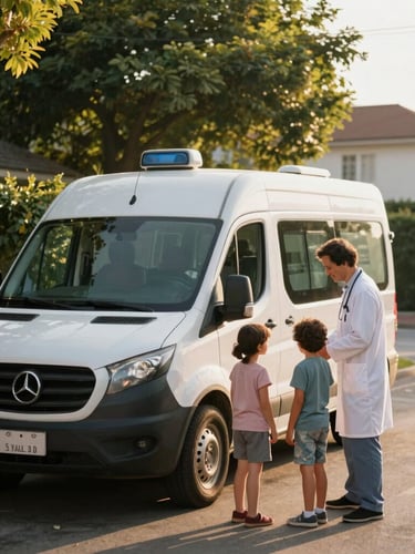 A mobile medical van parked in a sunny neighborhood, a healthcare provider greeting a family with warm golden-hour light, candid, 35mm