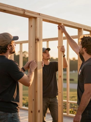Candid shot of community volunteers framing a wooden house wall under warm golden-hour daylight, shallow depth of field, 35mm
