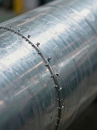 Extreme close-up of a double-wall spiral duct seam, showing the precise metallic lockseam texture and a stamped quality certification mark under harsh factory light.