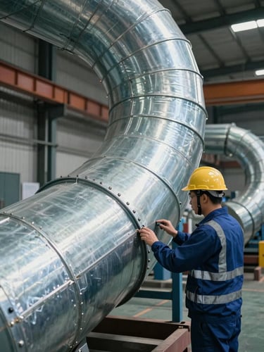 A quality control engineer in safety gear inspecting pressure-tested seams on a massive galvanized iron duct inside the factory, high-contrast lighting.
