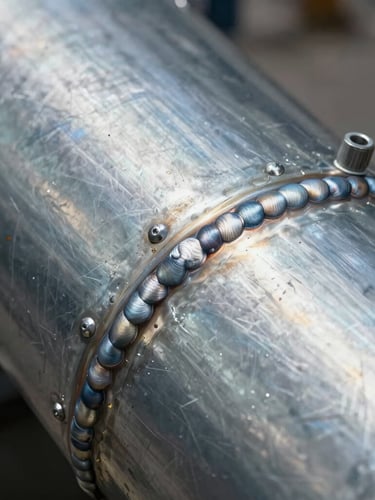 Extreme close-up of airtight pressure-tested seams on a heavy galvanized steel duct, clean welds and rivets.