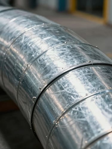 Close-up of a double-wall spiral duct seam, high-contrast industrial factory light reflecting off galvanized steel, sharp metallic textures.