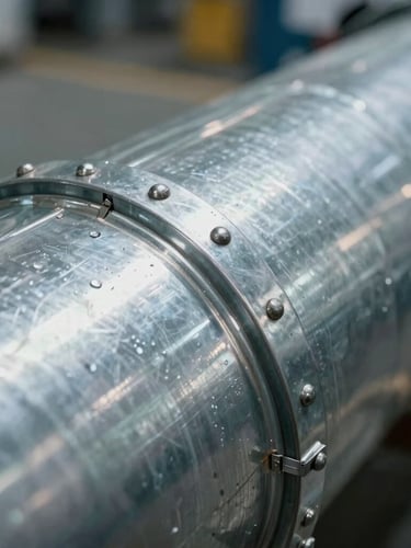 Macro close-up of airtight lock-forming seams on galvanized steel ductwork, high-contrast industrial factory lighting highlighting metallic textures and rivets, shallow depth of field.