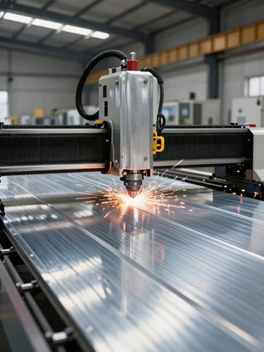 Wide shot of automated fabrication line in a Riyadh factory, CNC plasma cutter slicing through pre-insulated aluminum-clad panels, high-contrast industrial factory lighting, metallic sparks.