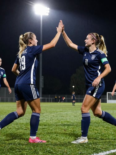 Low-angle dynamic shot of coed soccer players high-fiving on a lush green grass field under Friday night stadium floodlights, sharp action, 35mm