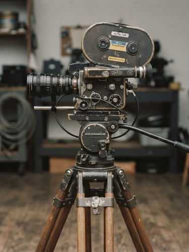 Straight-on eye-level view of a vintage 16mm film camera on a tripod, soft overcast daylight casting gentle shadows, muted desaturated tones, documentary film photography style.