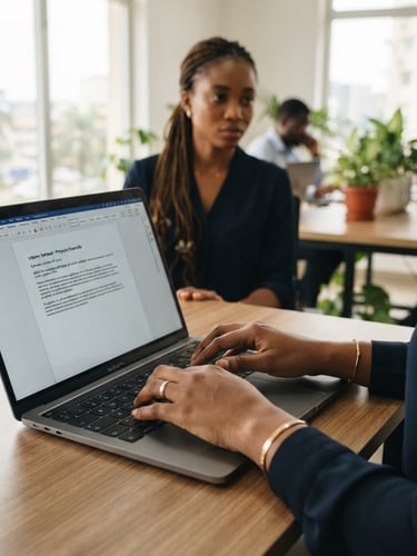 Close-up of hands typing on a laptop keyboard, screen showing a clean document interface with Spanish text, focused, confident individual in an office setting with natural window light. Equatorial Guinean professional.
