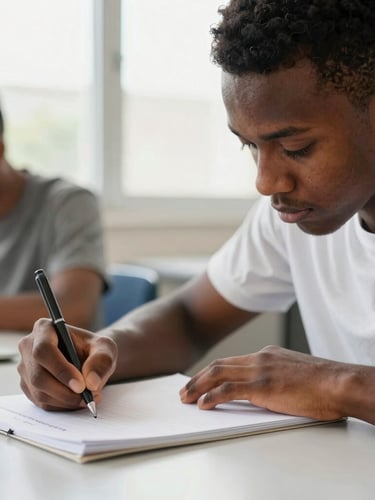 Close-up of an Equatorial Guinean student's hands writing notes in a modern university study area, natural window light, focused and determined expression, shallow depth of field.