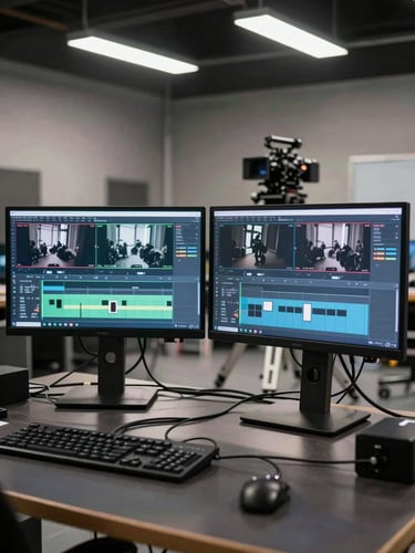 Wide shot of a production space, two large monitors showing raw footage timelines, overhead studio lights active, cables routed across a dark floor, a camera rig visible in the background out of focus