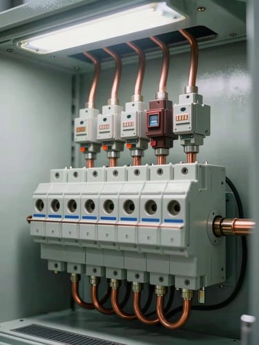 A close-up of a high-voltage switchgear cabinet interior, showing clean wiring blocks, copper busbars, and a vacuum circuit breaker under bright, clean factory overhead lighting.