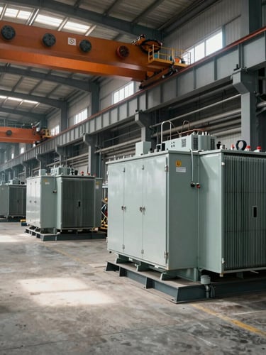 Wide shot of a heavy-duty industrial factory floor in Henan, featuring overhead cranes, clean concrete floors, and large steel transformer enclosures in progress under cool industrial daylight.